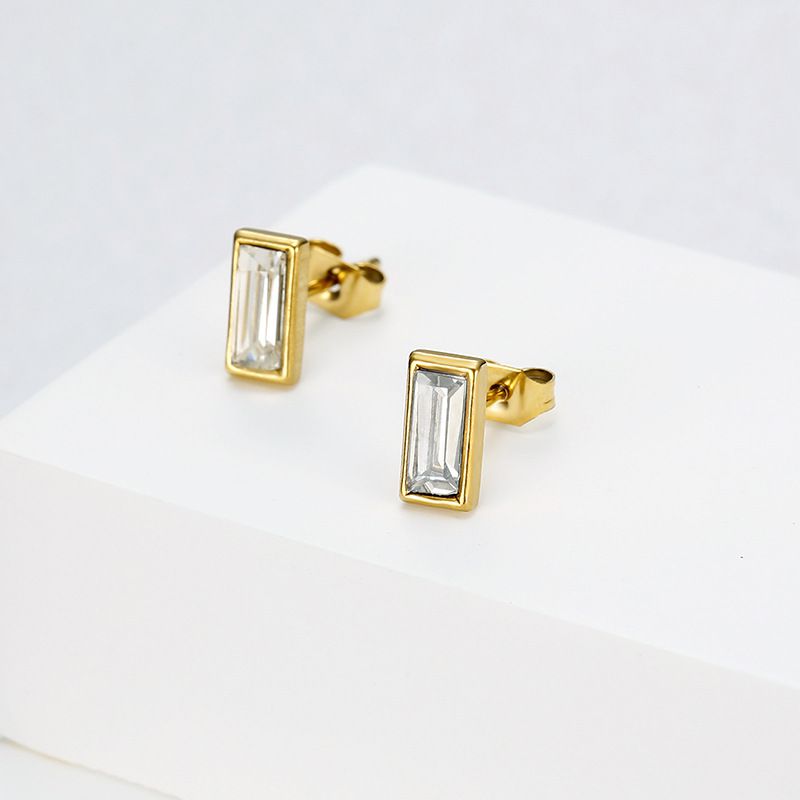 Fashion Square Zirconia Titanium Steel 18k Gold Plated Women's Stud Earrings | EaseWholesale 2
