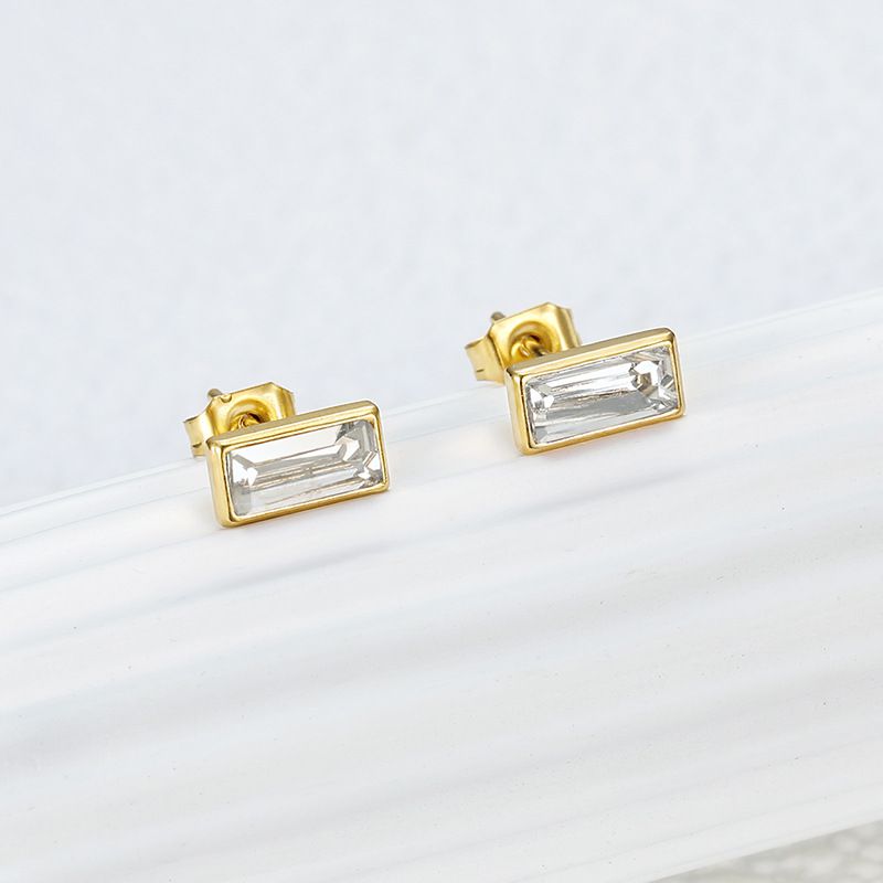 Fashion Square Zirconia Titanium Steel 18k Gold Plated Women's Stud Earrings | EaseWholesale 4