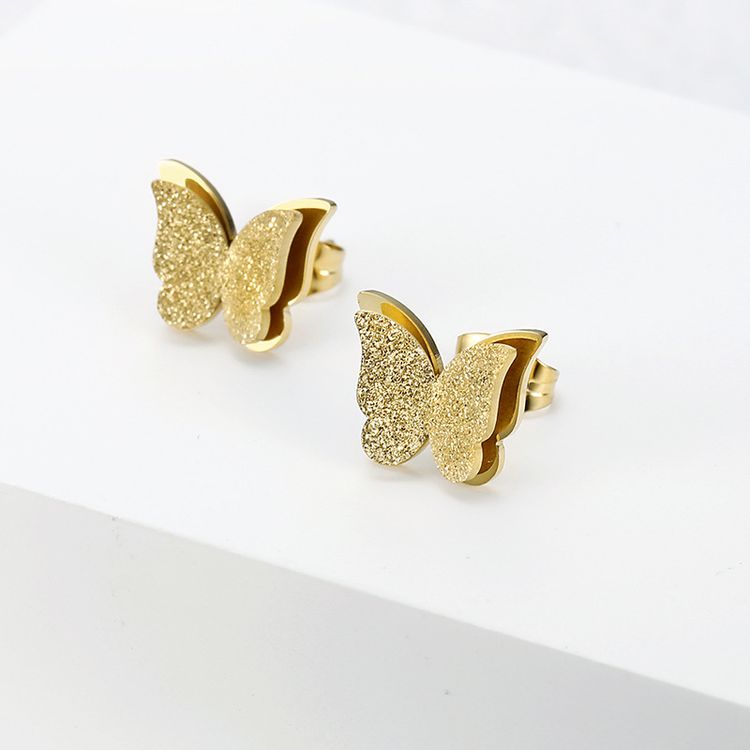 New Double Butterfly 18k Gold Plated Stainless Steel Women's Stud Earrings | EaseWholesale 0