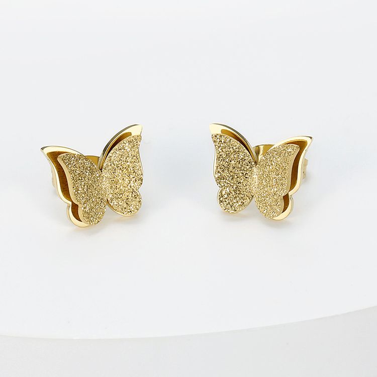 New Double Butterfly 18k Gold Plated Stainless Steel Women's Stud Earrings | EaseWholesale 1