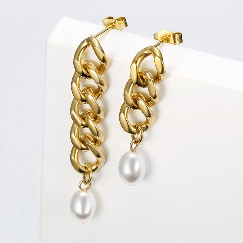 Hip-Hop Artificial Pearls 18k Gold Plated chain titanium steel women's earrings | EaseWholesale 0