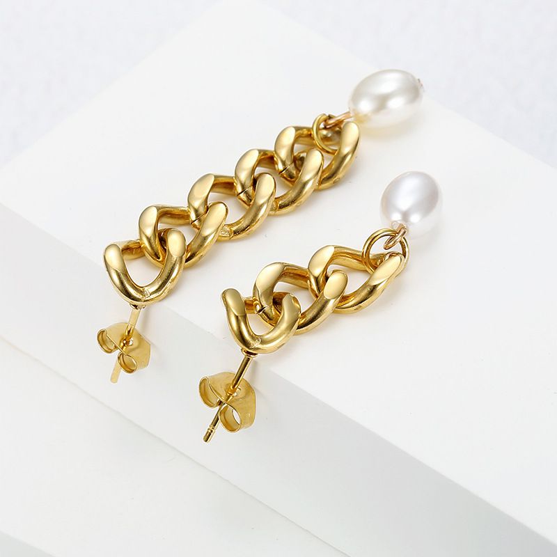 Hip-Hop Artificial Pearls 18k Gold Plated chain titanium steel women's earrings | EaseWholesale 1