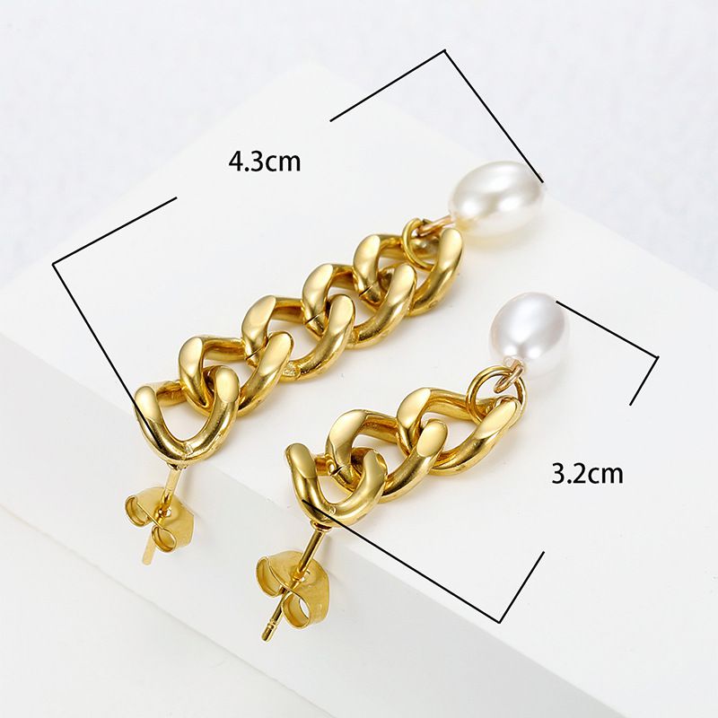 Hip-Hop Artificial Pearls 18k Gold Plated chain titanium steel women's earrings | EaseWholesale 2