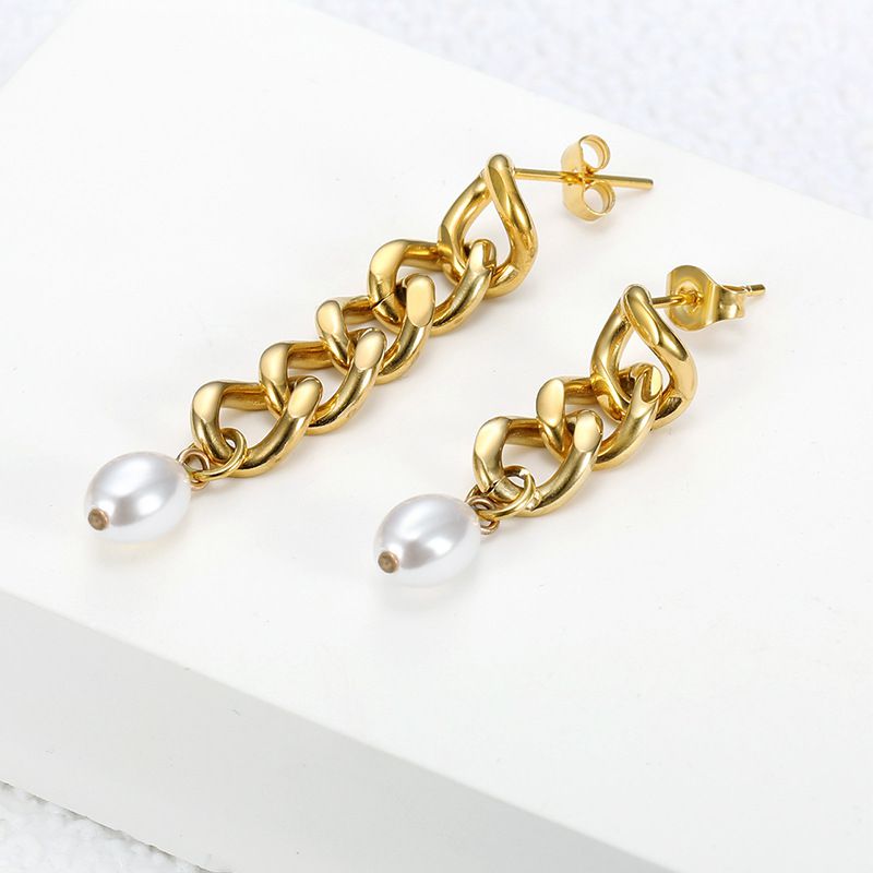 Hip-Hop Artificial Pearls 18k Gold Plated chain titanium steel women's earrings | EaseWholesale 3