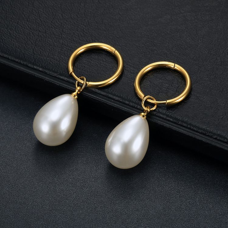 Wholesale New Trend Artificial Water Drop Pearl Court Titanium Steel Earrings | EaseWholesale 0