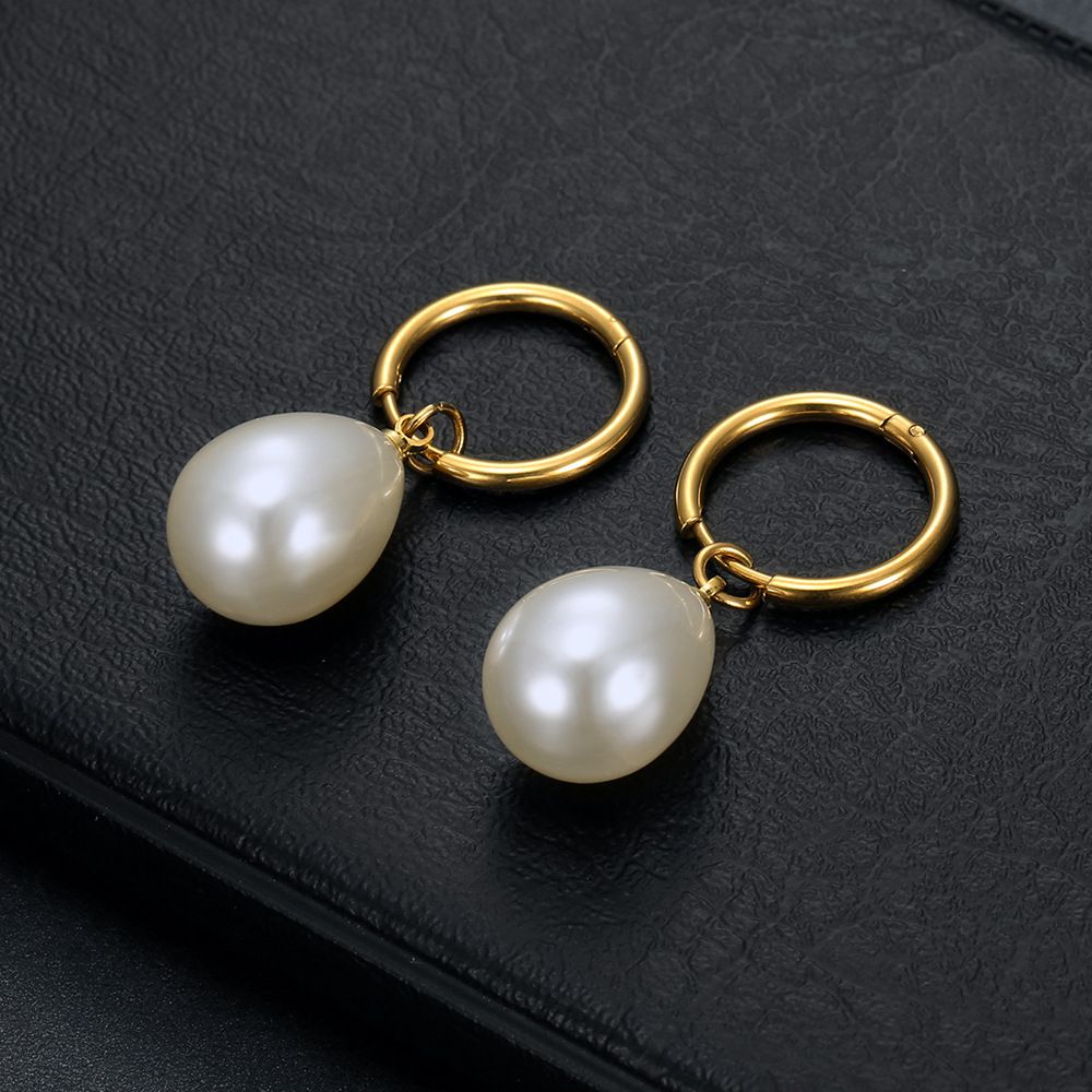 Wholesale New Trend Artificial Water Drop Pearl Court Titanium Steel Earrings | EaseWholesale 1