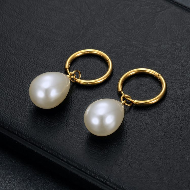 Wholesale New Trend Artificial Water Drop Pearl Court Titanium Steel Earrings | EaseWholesale 1