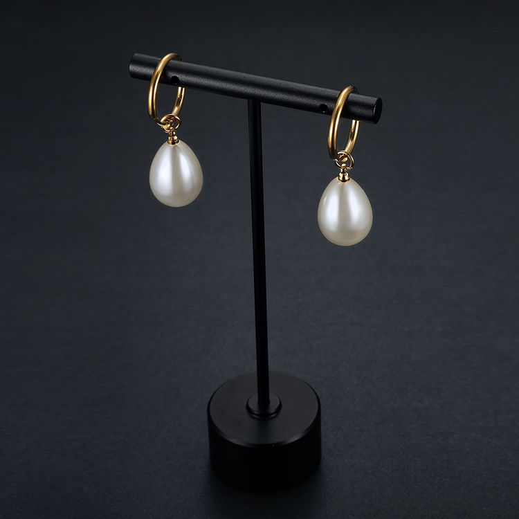 Wholesale New Trend Artificial Water Drop Pearl Court Titanium Steel Earrings | EaseWholesale 2