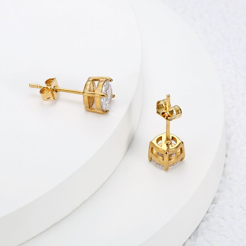 Women's 18k Gold Plated Zirconia Four Claw Steel Titanium Stud Earrings | EaseWholesale 1
