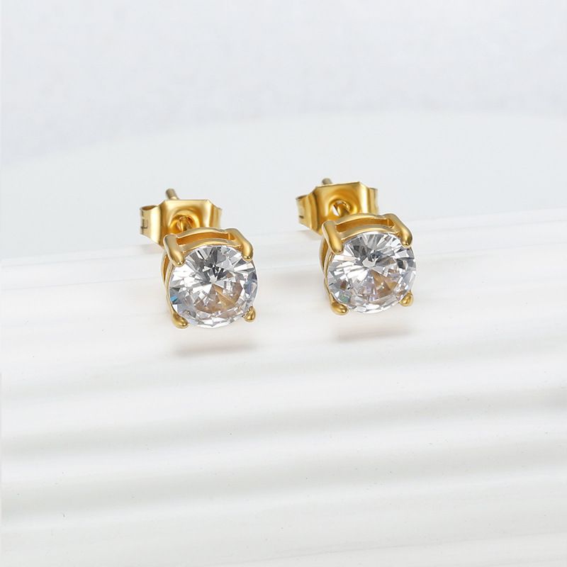 Women's 18k Gold Plated Zirconia Four Claw Steel Titanium Stud Earrings | EaseWholesale 2