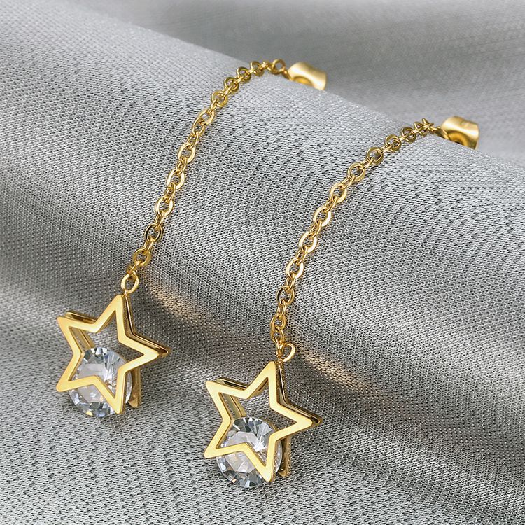 European Fashion Star Zirconia Tassel Women's Titanium Steel Earrings | EaseWholesale 0
