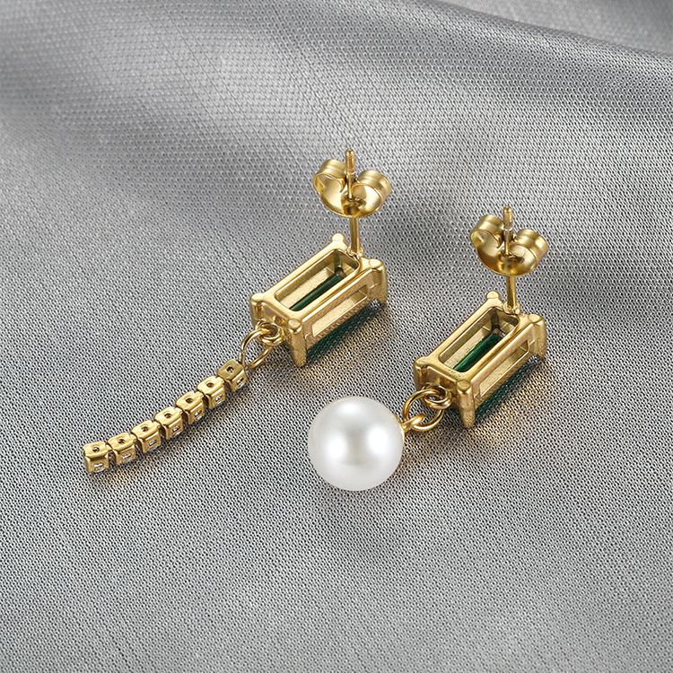 European Style Green Zirconia Tassel Women's Stainless Steel Earrings | EaseWholesale 4