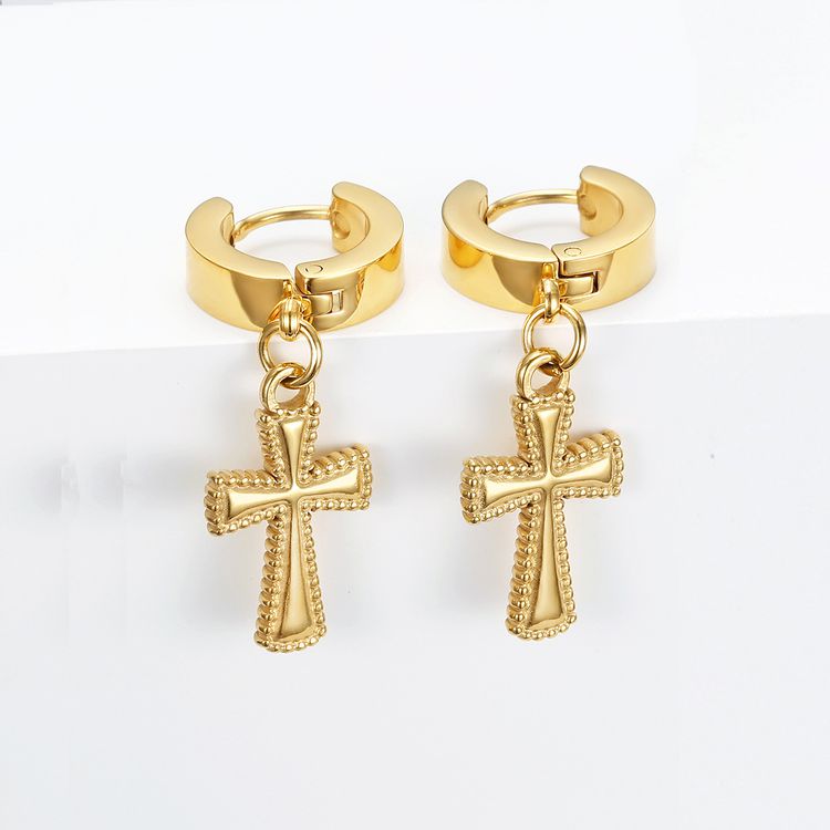 Hip Hop Fashion Cross Round 18k Gold Plated Titanium Clips Earring | EaseWholesale 0