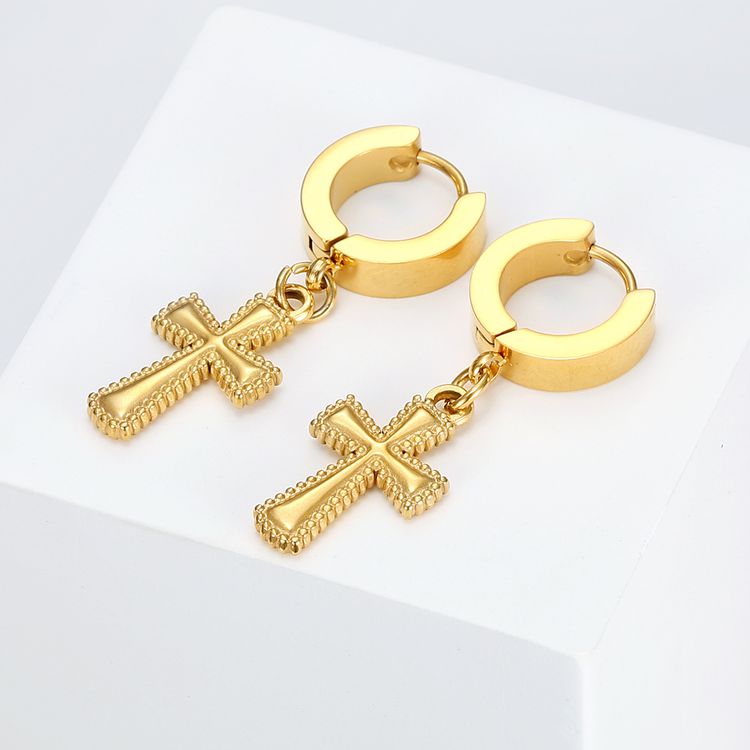 Hip Hop Fashion Cross Round 18k Gold Plated Titanium Clips Earring | EaseWholesale 1