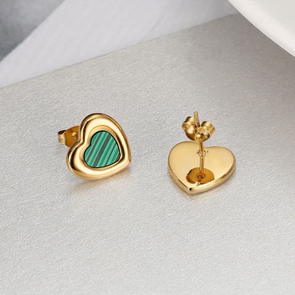 Women's titanium steel green malachite love heart earrings heart pattern | EaseWholesale 2 Women's titanium steel green malachite love heart earrings heart pattern | EaseWholesale 2