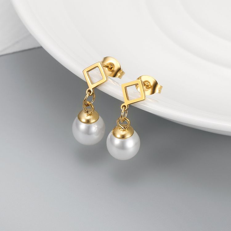 Square Artificial Pearl Dangle Stainless Steel 18k Gold Plated Earrings | EaseWholesale 2 Square Artificial Pearl Dangle Stainless Steel 18k Gold Plated Earrings | EaseWholesale 2
