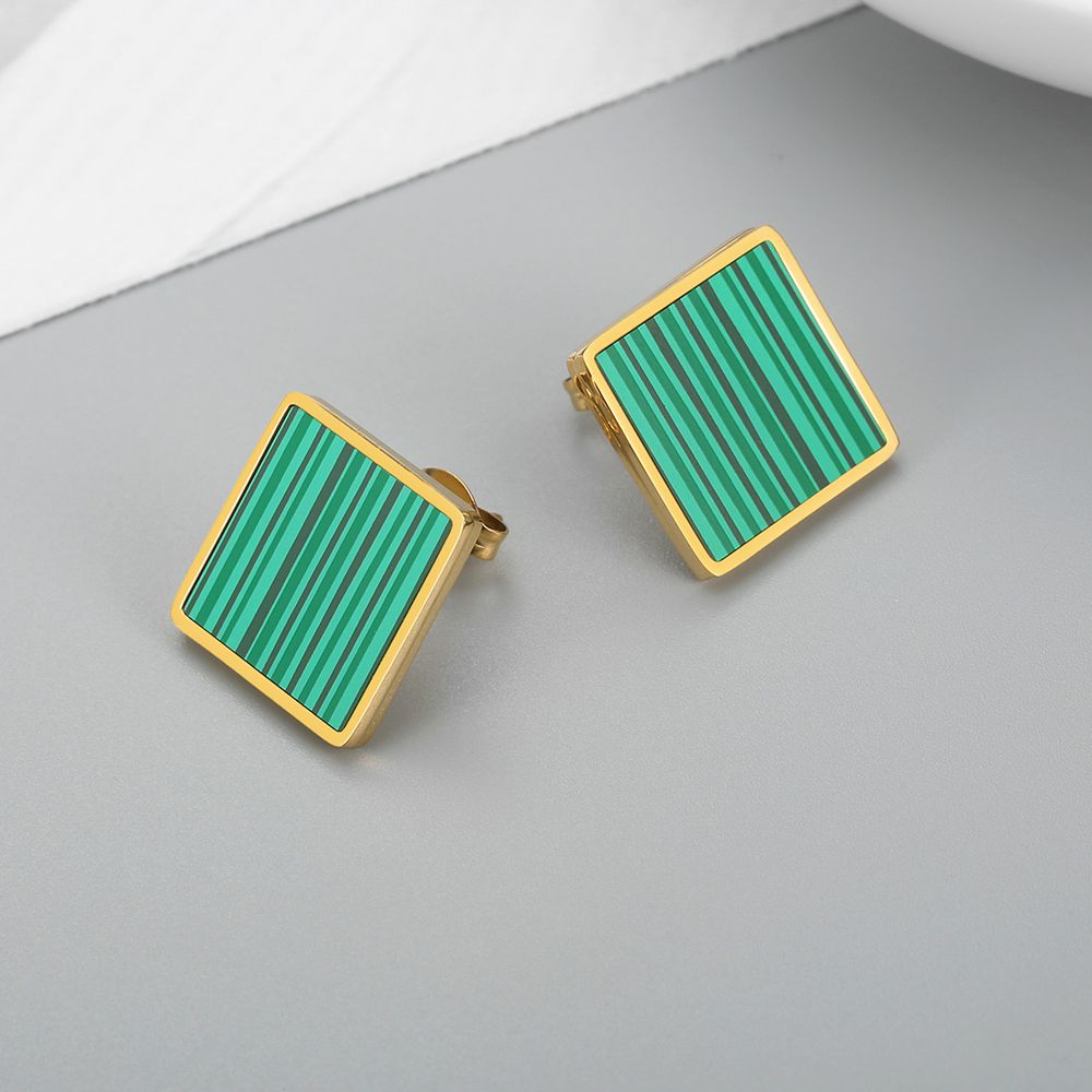 Vintage Geometric Square Emerald Stripe Women's Stainless Steel Stud Earrings | EaseWholesale 0