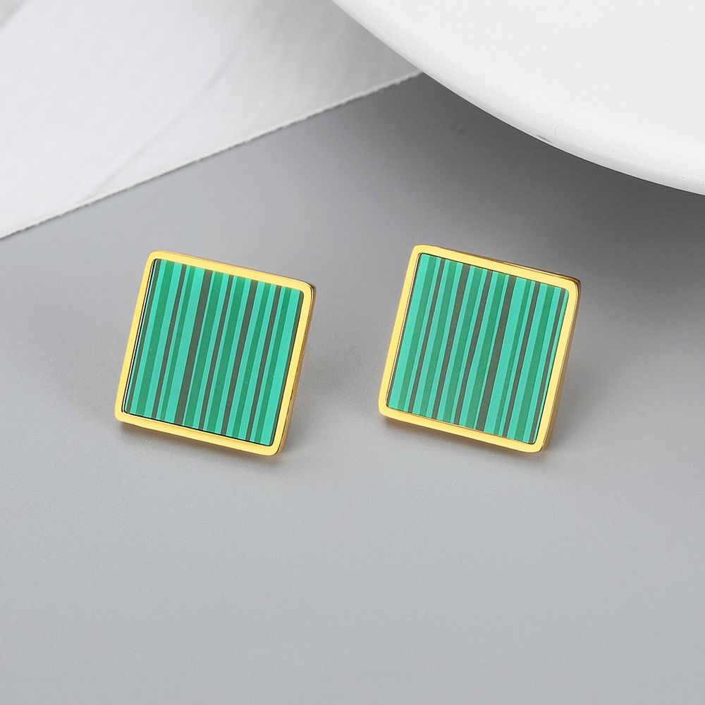 Vintage Geometric Square Emerald Stripe Women's Stainless Steel Stud Earrings | EaseWholesale 2