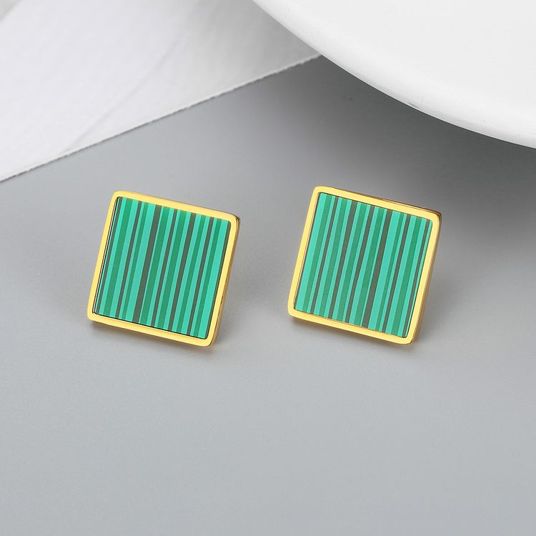 Vintage Geometric Square Emerald Stripe Women's Stainless Steel Stud Earrings | EaseWholesale 2