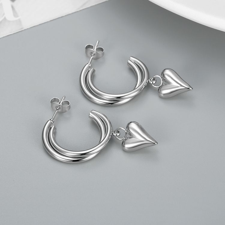 Trendy C-shaped double ring love heart female titanium steel earrings peach | EaseWholesale