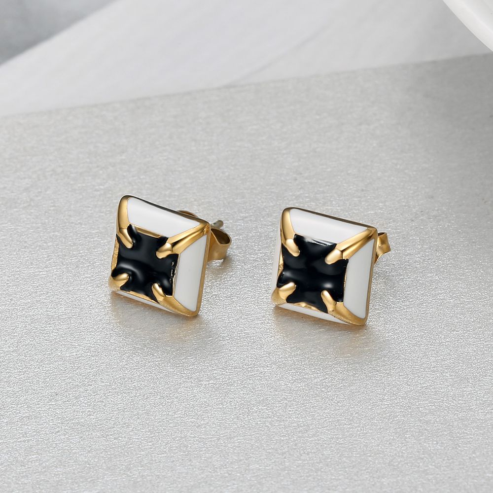 Black white color clash square fashion zirconia four claws titanium steel earrings | EaseWholesale 0