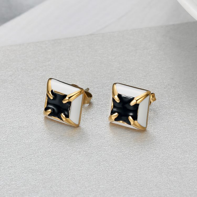 Black white color clash square fashion zirconia four claws titanium steel earrings | EaseWholesale 0