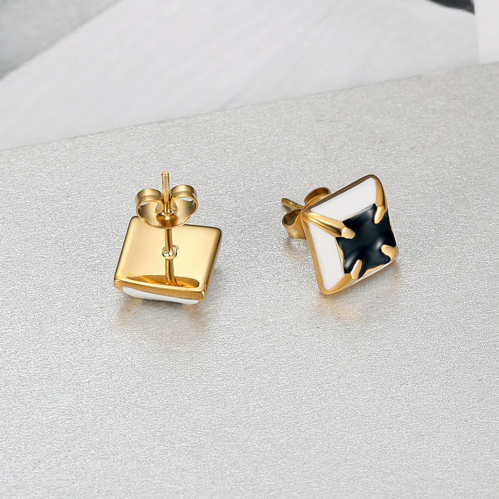 Black white color clash square fashion zirconia four claws titanium steel earrings | EaseWholesale 2