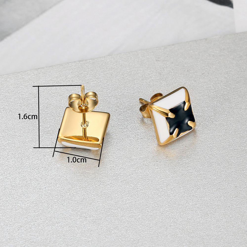 Black white color clash square fashion zirconia four claws titanium steel earrings | EaseWholesale 3