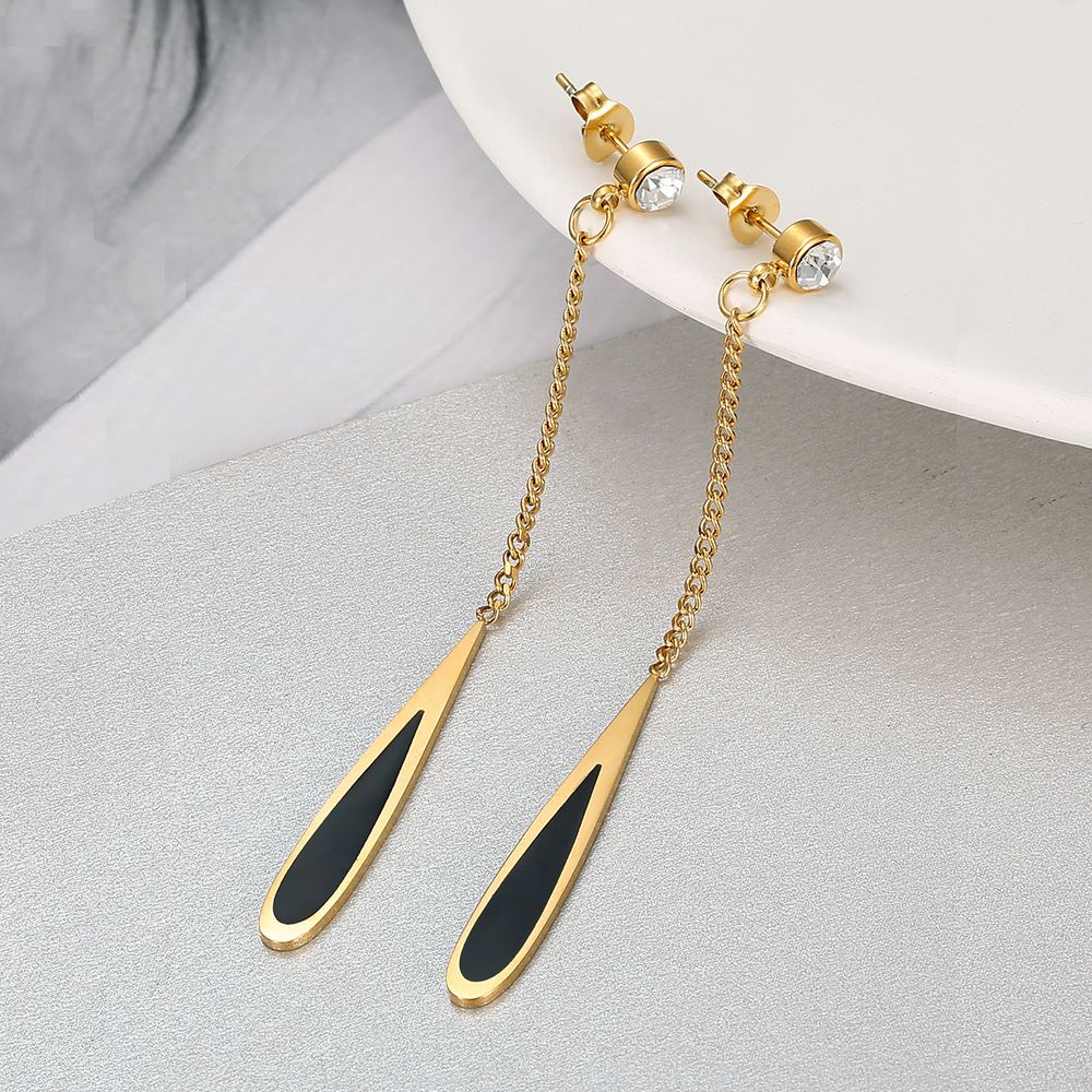 Fashion Titanium Steel Long Black Gold Drop Earrings with Zirconia | EaseWholesale 0 Fashion Titanium Steel Long Black Gold Drop Earrings with Zirconia | EaseWholesale 0
