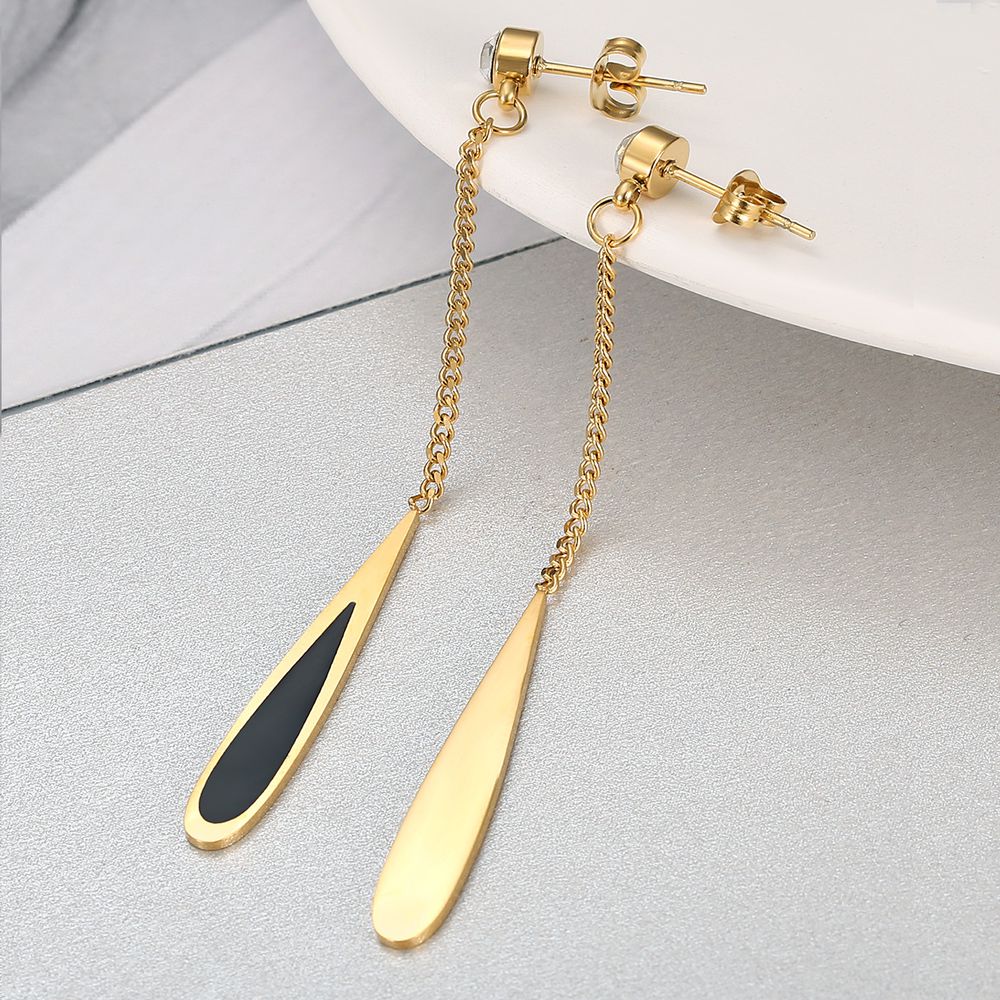 Fashion Titanium Steel Long Black Gold Drop Earrings with Zirconia | EaseWholesale 1 Fashion Titanium Steel Long Black Gold Drop Earrings with Zirconia | EaseWholesale 1