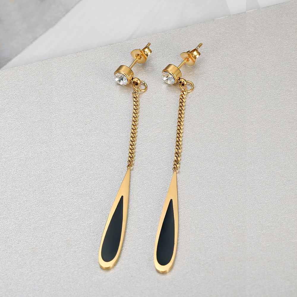 Fashion Titanium Steel Long Black Gold Drop Earrings with Zirconia | EaseWholesale 2 Fashion Titanium Steel Long Black Gold Drop Earrings with Zirconia | EaseWholesale 2