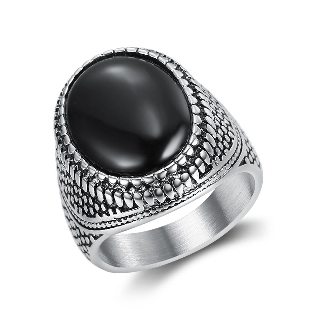 Hip Hop Punk Black Gemstone Vintage Men's Titanium Steel Ring | EaseWholesale 0 Hip Hop Punk Black Gemstone Vintage Men's Titanium Steel Ring | EaseWholesale 0
