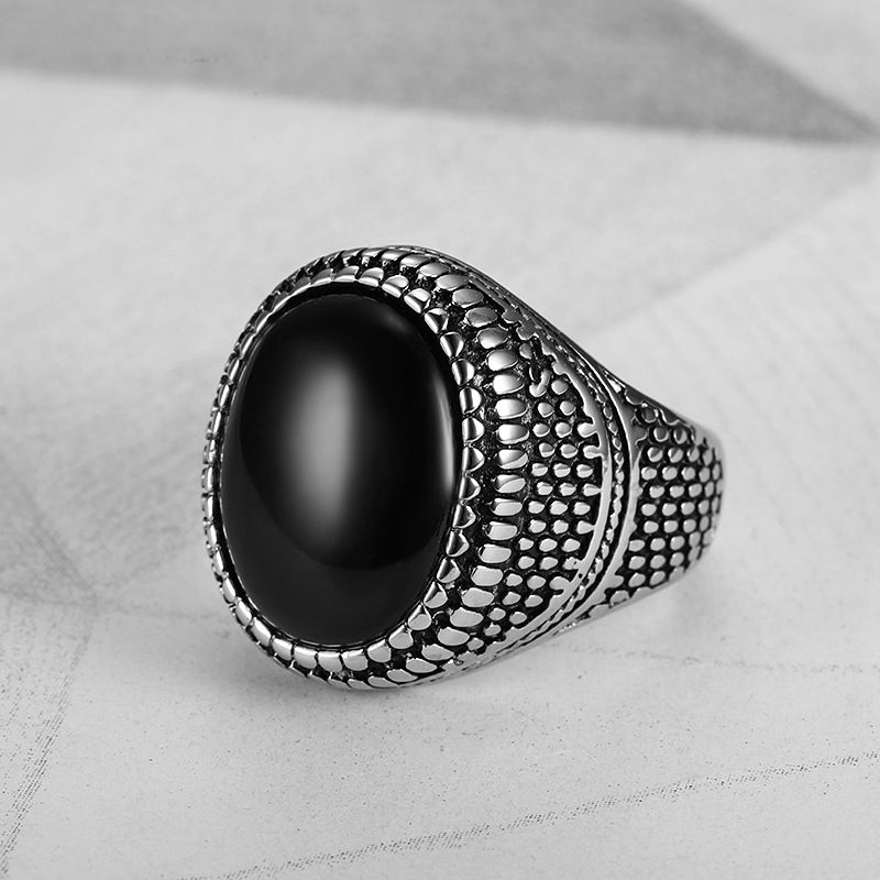 Hip Hop Punk Black Gemstone Vintage Men's Titanium Steel Ring | EaseWholesale 3 Hip Hop Punk Black Gemstone Vintage Men's Titanium Steel Ring | EaseWholesale 3