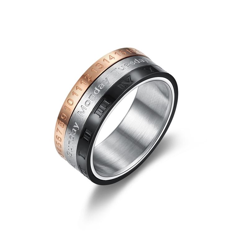 Tri-Color Calendar Ring Titanium Steel Roman Numerals Time Ring for Men | EaseWholesale