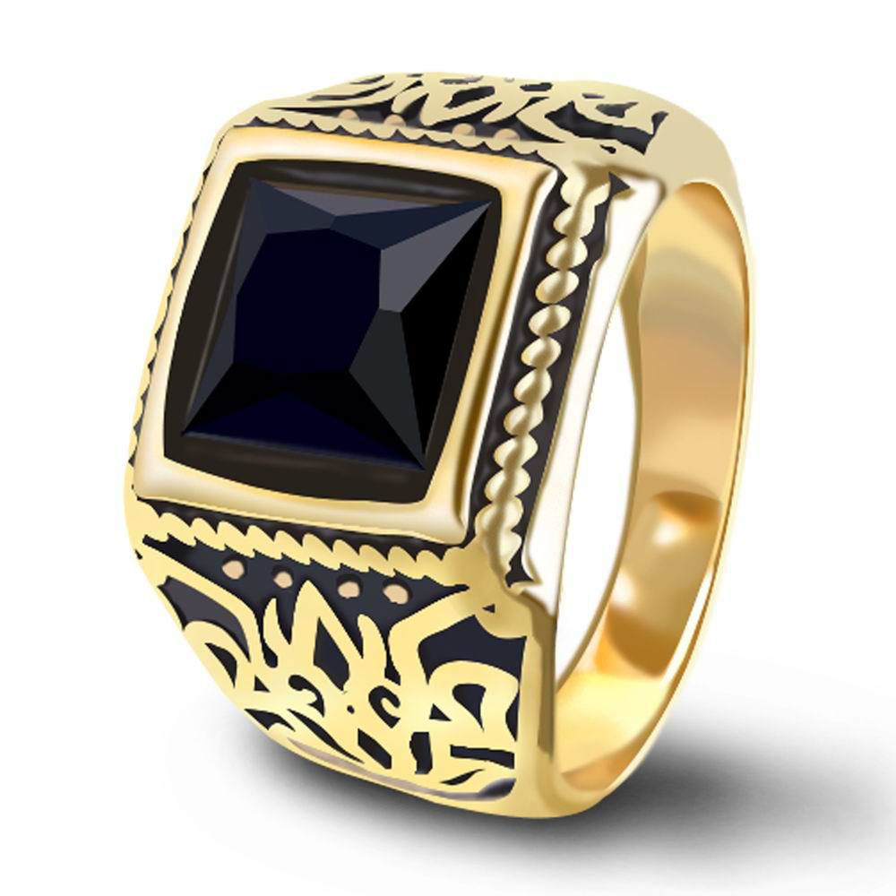 Noble Fashion Black Gemstone Men's Gold Titanium Steel Ring | EaseWholesale 0