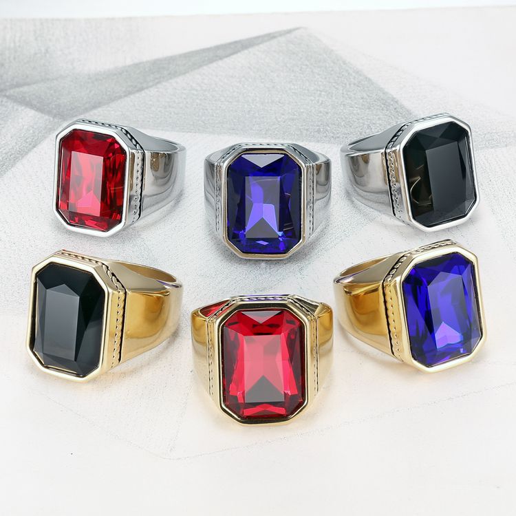 Fashion Polished Square Gemstones Men's Stainless Steel Ring | EaseWholesale