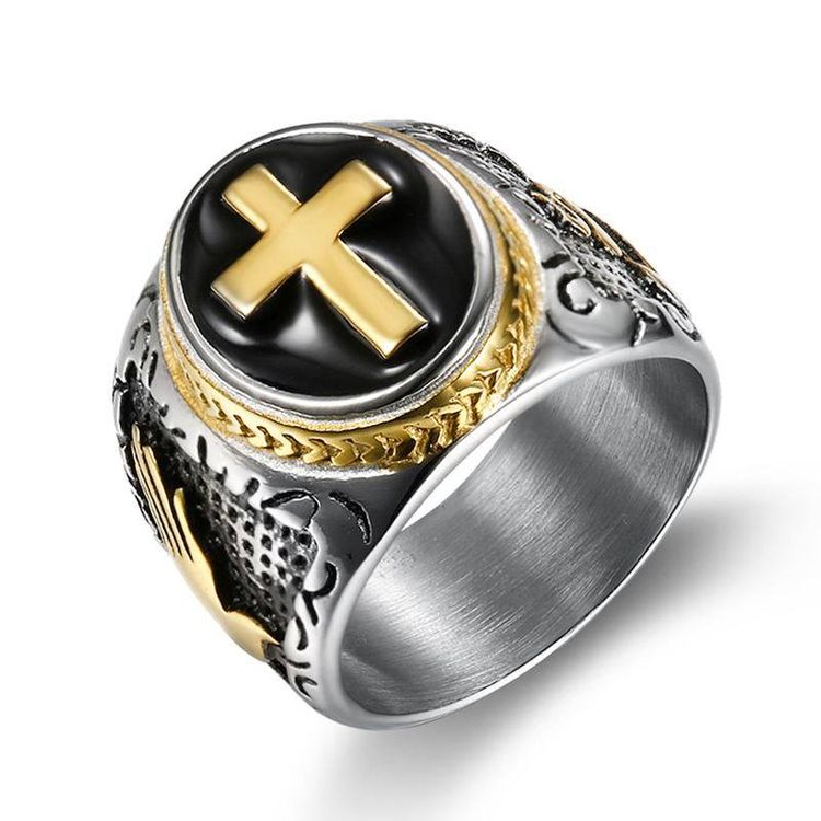 Punk Vintage Hand of God Cross Titanium Men's Ring | EaseWholesale