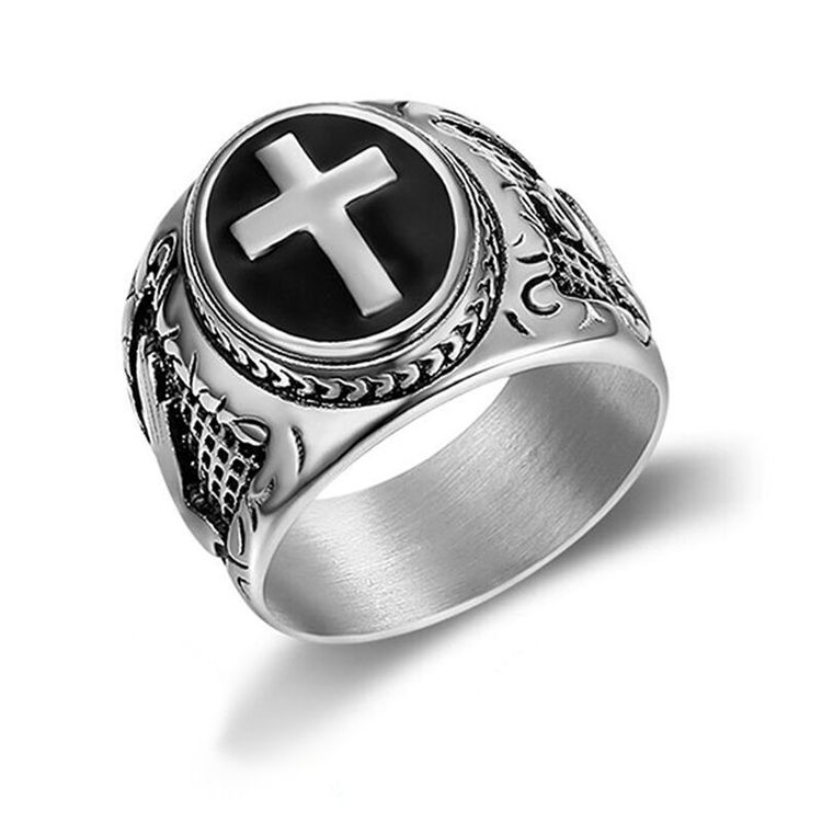 Punk Vintage Hand of God Cross Titanium Men's Ring | EaseWholesale