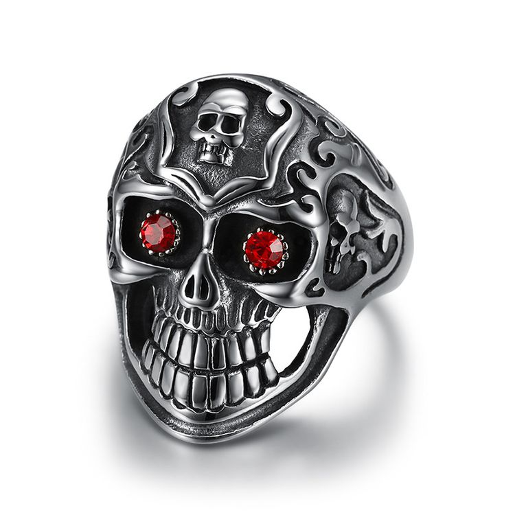 Vintage Red Eye Rhinestone Ghost Skull Rings Titanium Steel Men's Ring | EaseWholesale