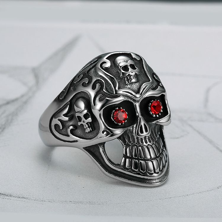 Vintage Red Eye Rhinestone Ghost Skull Rings Titanium Steel Men's Ring | EaseWholesale 2