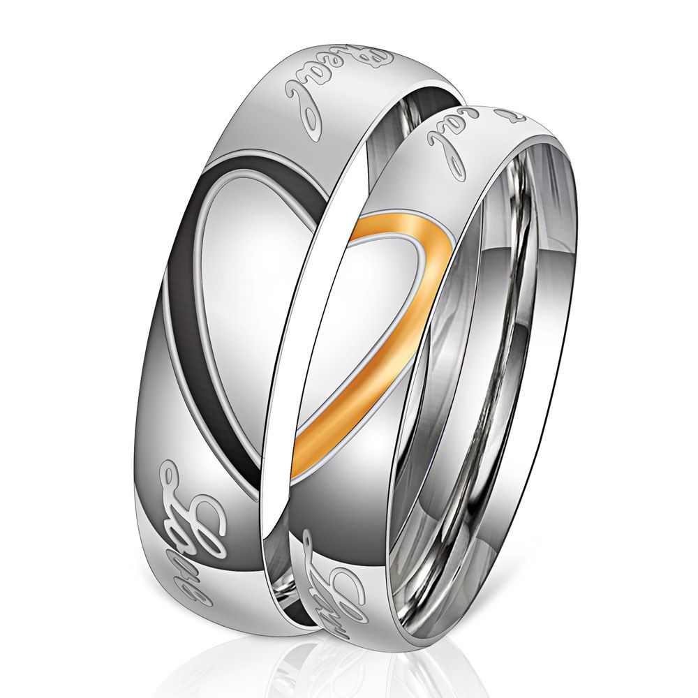 Titanium Stainless Steel Black Gold Wholesale Love Heart Couple Rings Fashion Creative | EaseWholesale 0