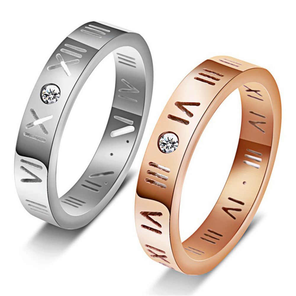 Fashion 18K Rose Gold Roman Numerals Lucky Ring Titanium Couple Rings | EaseWholesale 0