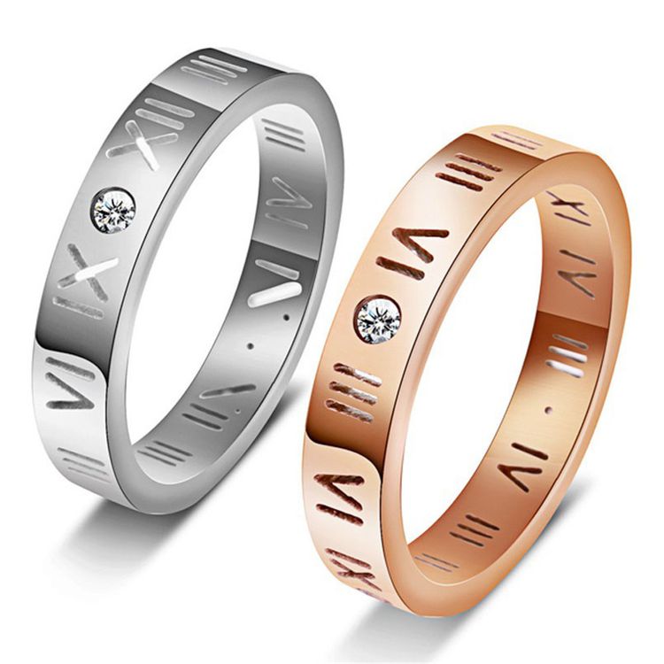 Fashion 18K Rose Gold Roman Numerals Lucky Ring Titanium Couple Rings | EaseWholesale