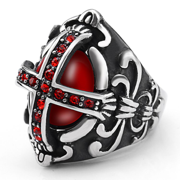 New vintage gothic hipster men's cross ring stainless steel ring red with zirconia | EaseWholesale