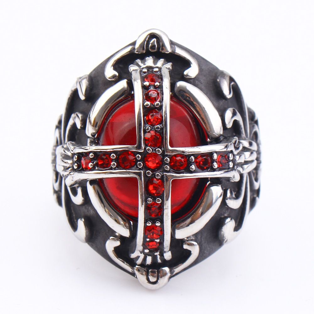 New vintage gothic hipster men's cross ring stainless steel ring red with zirconia | EaseWholesale 1 New vintage gothic hipster men's cross ring stainless steel ring red with zirconia | EaseWholesale 1