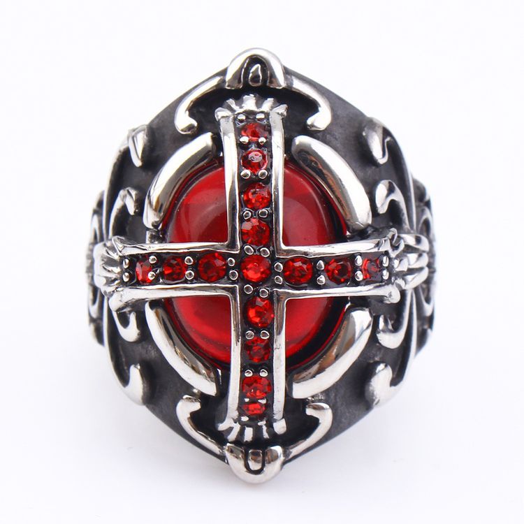 New vintage gothic hipster men's cross ring stainless steel ring red with zirconia | EaseWholesale