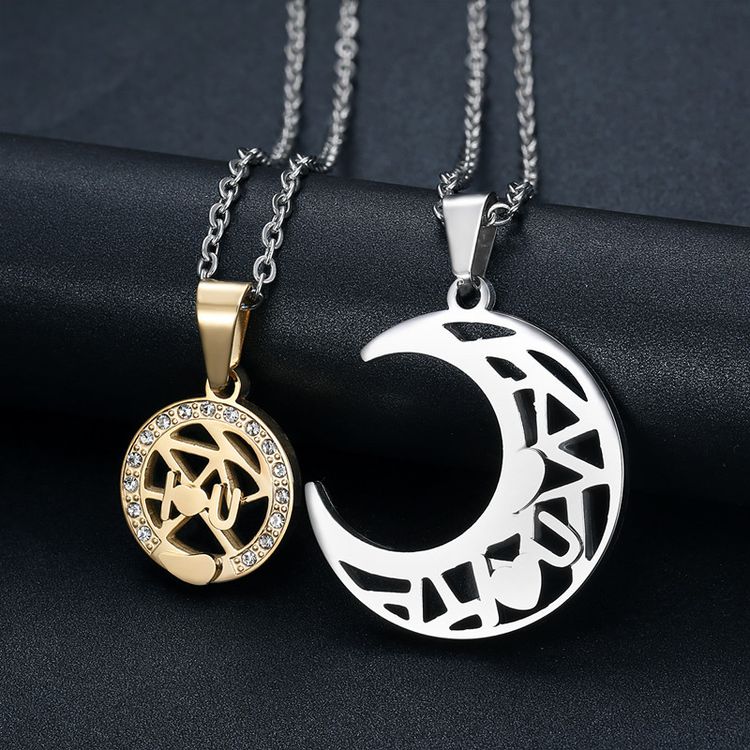 Wholesale LOVE YOU sun moon puzzle pendant zirconia titanium steel couple necklace | EaseWholesale
