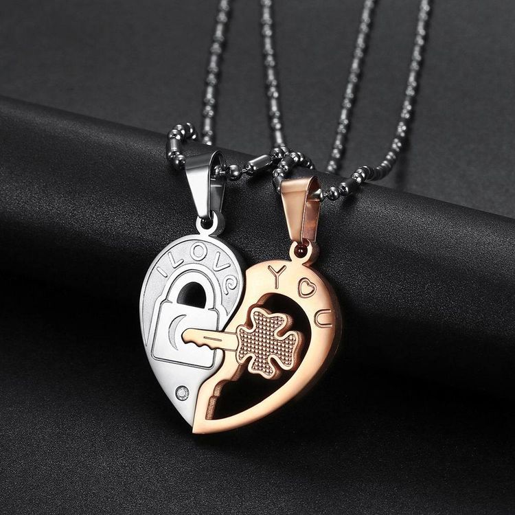 Fashion Heart with Zirconia Key Couple Pendant Titanium Steel Necklace  | EaseWholesale