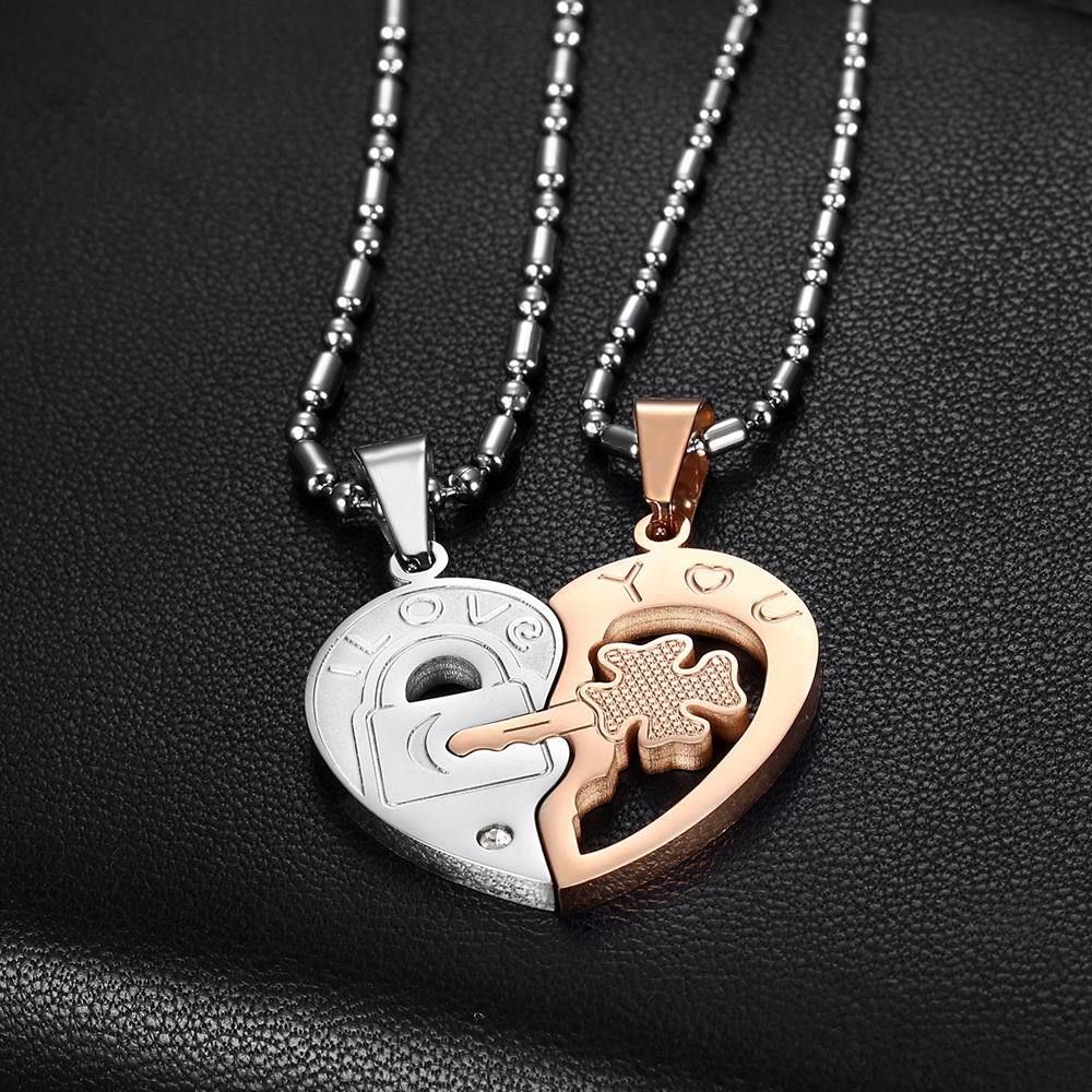 Fashion Heart with Zirconia Key Couple Pendant Titanium Steel Necklace  | EaseWholesale 2 Fashion Heart with Zirconia Key Couple Pendant Titanium Steel Necklace  | EaseWholesale 2