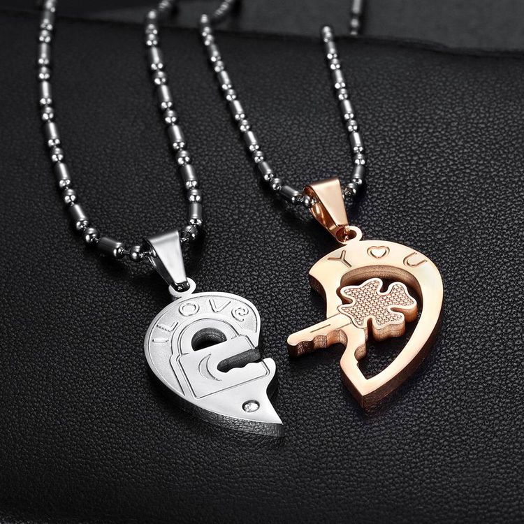 Fashion Heart with Zirconia Key Couple Pendant Titanium Steel Necklace  | EaseWholesale 3 Fashion Heart with Zirconia Key Couple Pendant Titanium Steel Necklace  | EaseWholesale 3